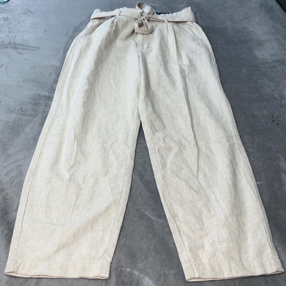 JAG Belted Pleat Pant Womens 16 Beige High Rise Tapered Ankle Linen Blend NEW